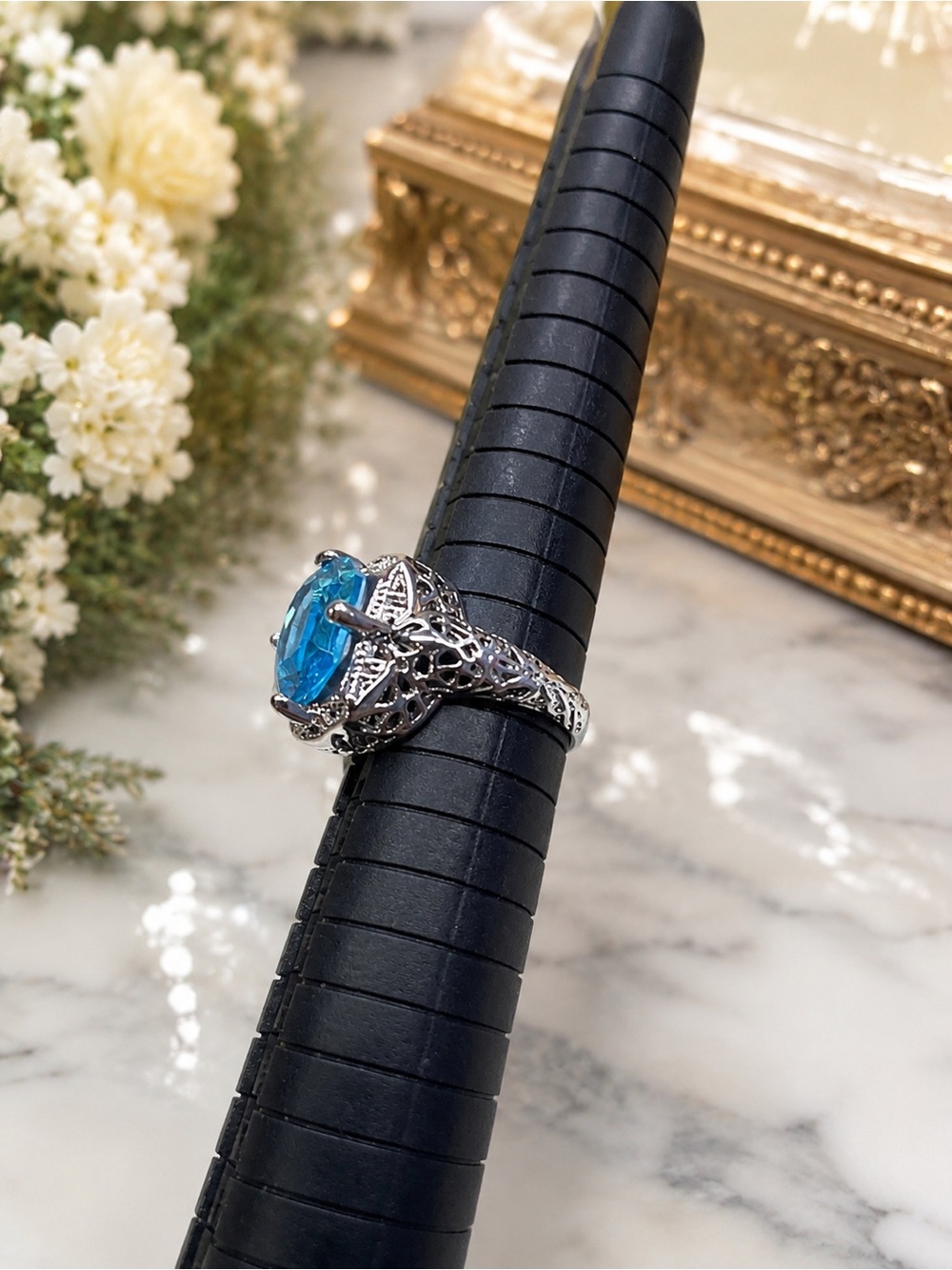 Blue Gemstone Halo Ring - Size 7 Vintage Inspired - Picture 6 of 6